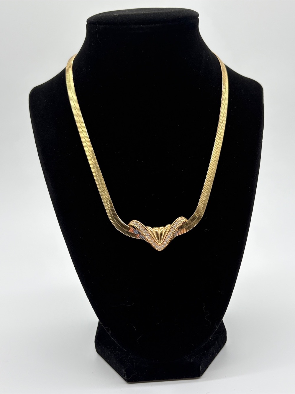 Gold V-Curve Herringbone Necklace Sculpted Centerpiece Statement Jewelry
